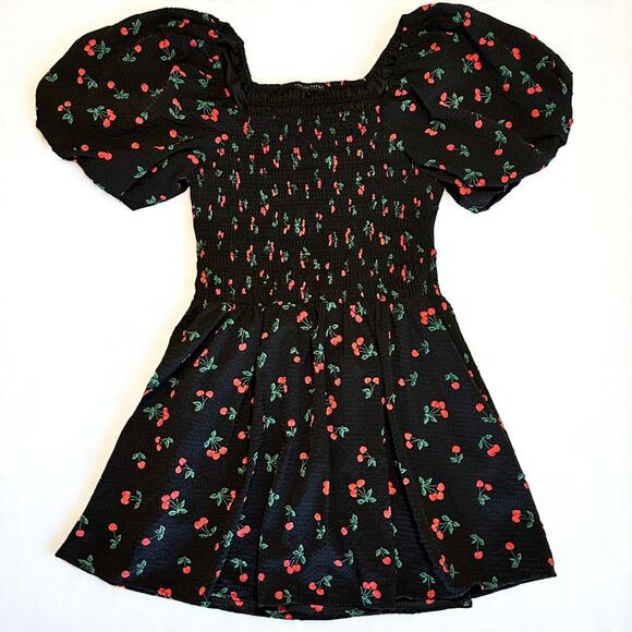 English Factory Size Large Cherry Print Smocked Dress Fit & Flare Puff Sleeve - Picture 10 of 11